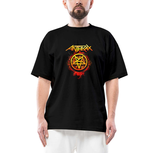 Anthrax Fire with Pentagram siyah oversize tişört