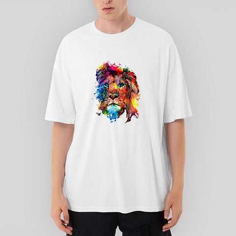 Aslan Colorful Splash Oversize Beyaz Tişört