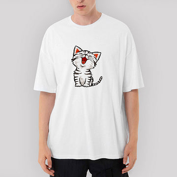 Beyaz Yavru Kedi Oversize Beyaz Tişört