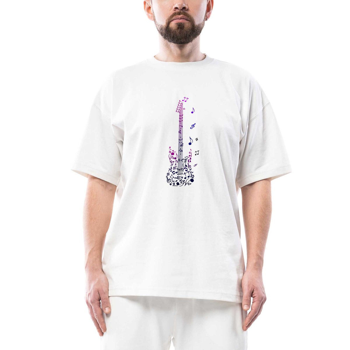Nota Gitar Oversize Beyaz Tişört