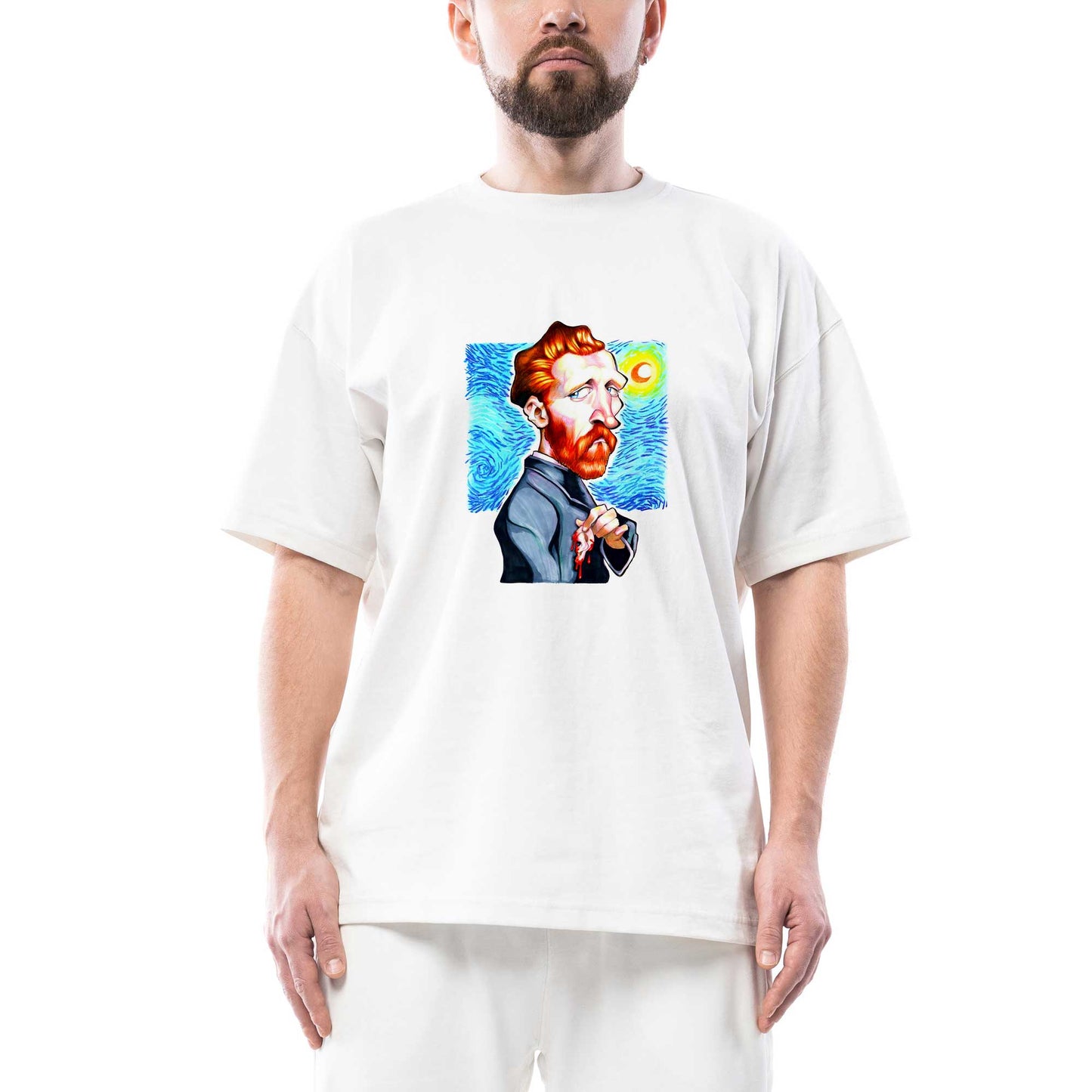 Van Gogh Karikatür Oversize Beyaz Tişört