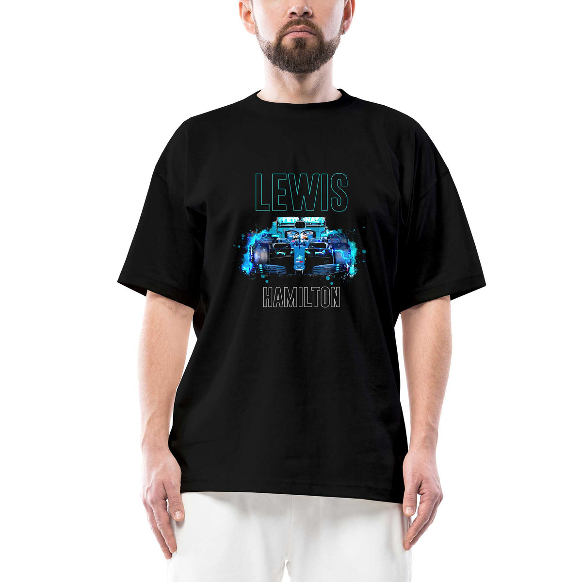 F1 Lewis Hamilton Car Oversize Siyah Tişört