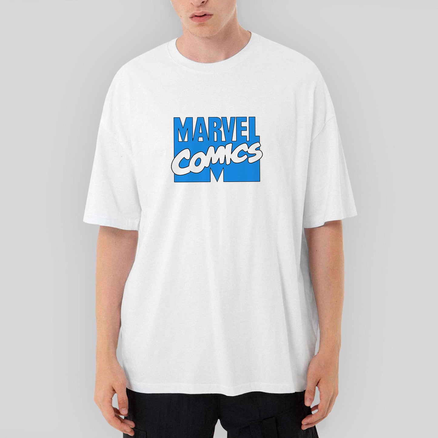 Marvel Comics Blue Logo Oversize Beyaz Tişört