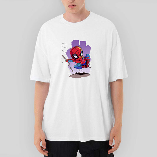 Spiderman Cartoon Oversize Beyaz Tişört