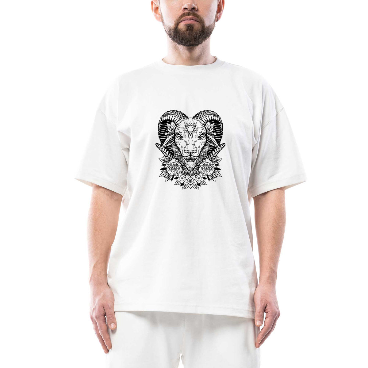 Baphomet Flowers Oversize Beyaz Tişört