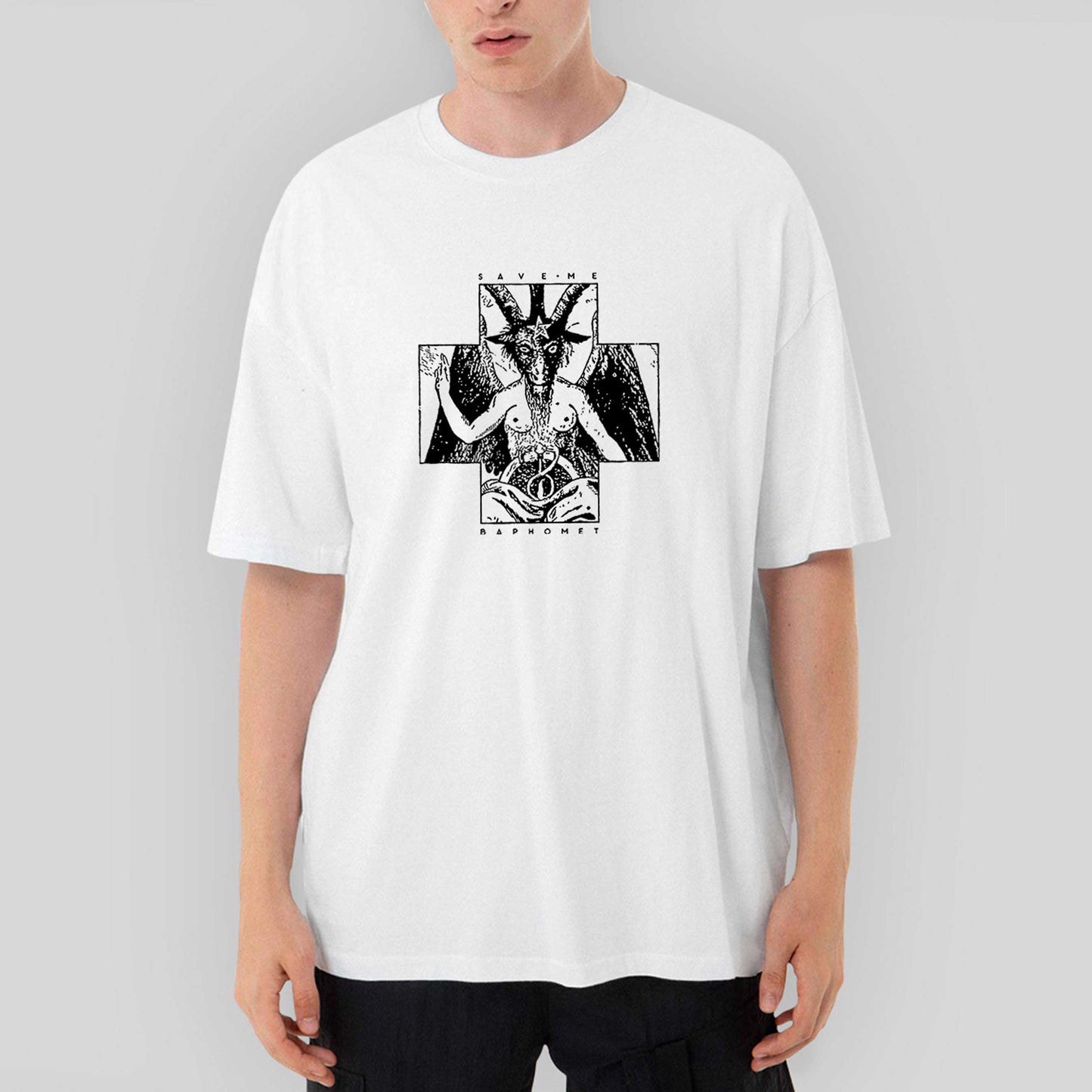 Baphomet Save Me Oversize Beyaz Tişört