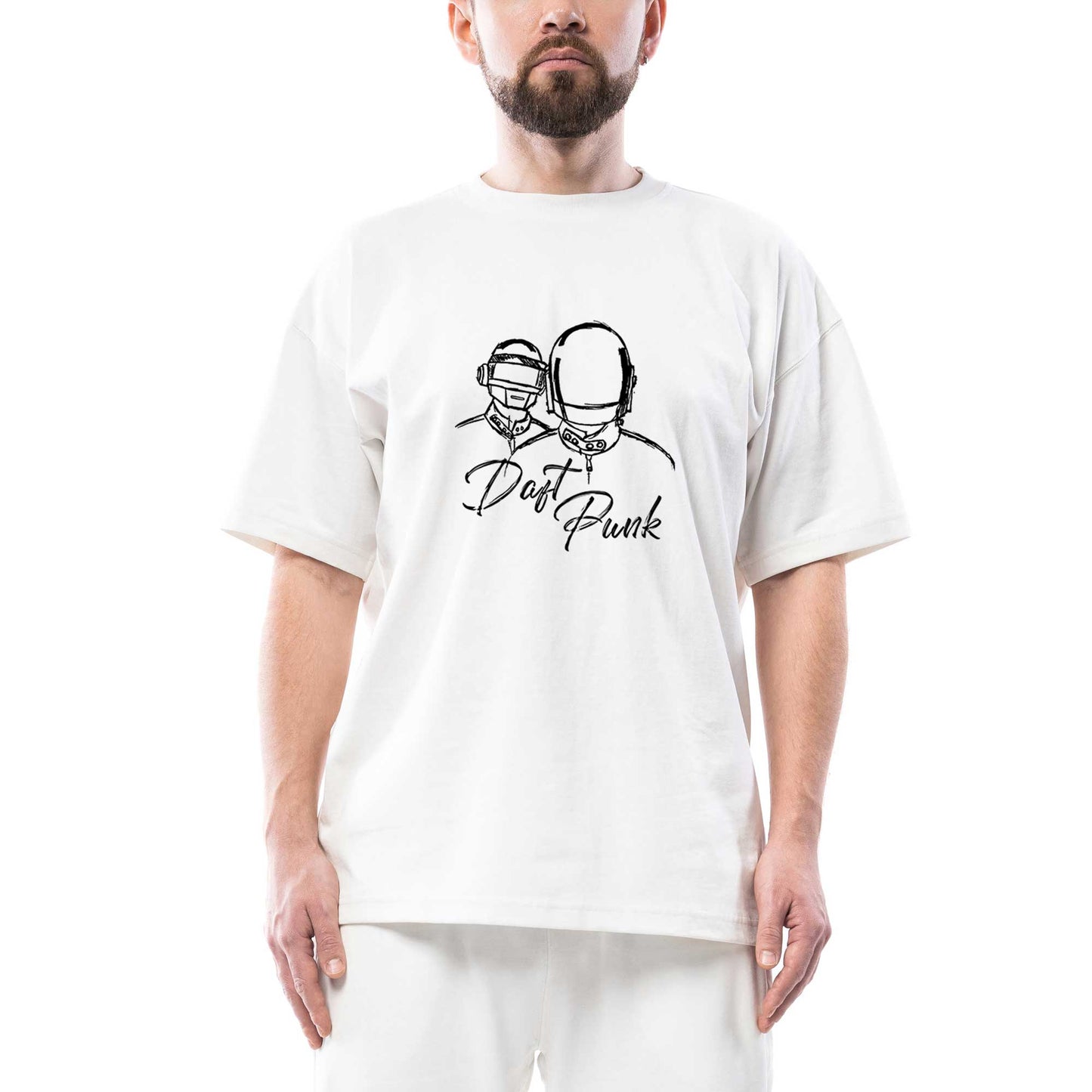 Daft Punk Drawing Oversize Beyaz Tişört