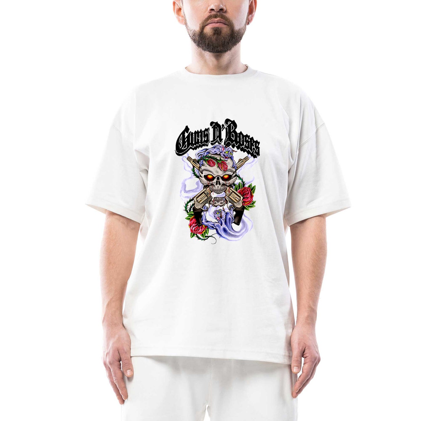 Guns N Roses Skull and Gun Oversize Beyaz Tişört