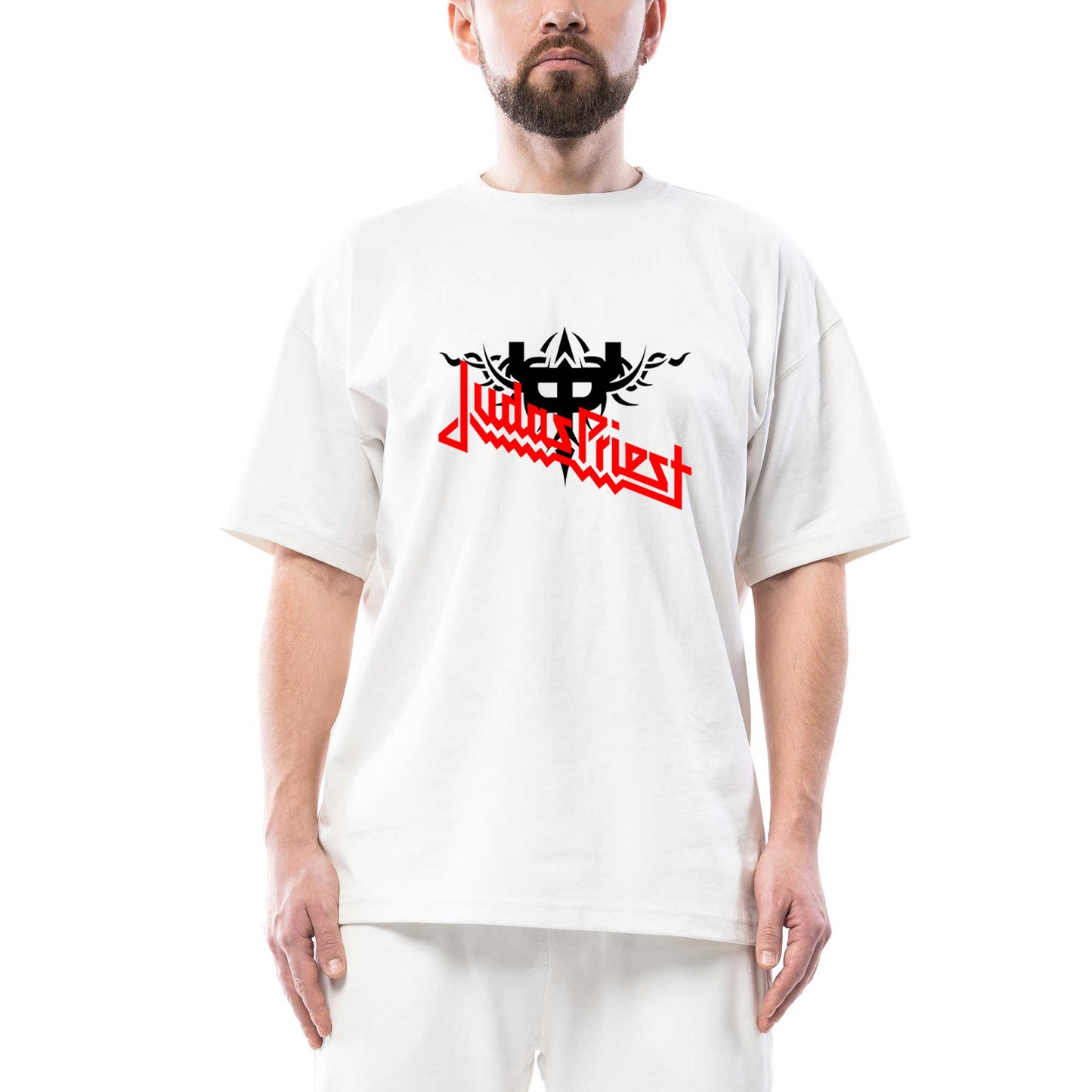 Judas Priest Logo and Figure Oversize Beyaz Tişört