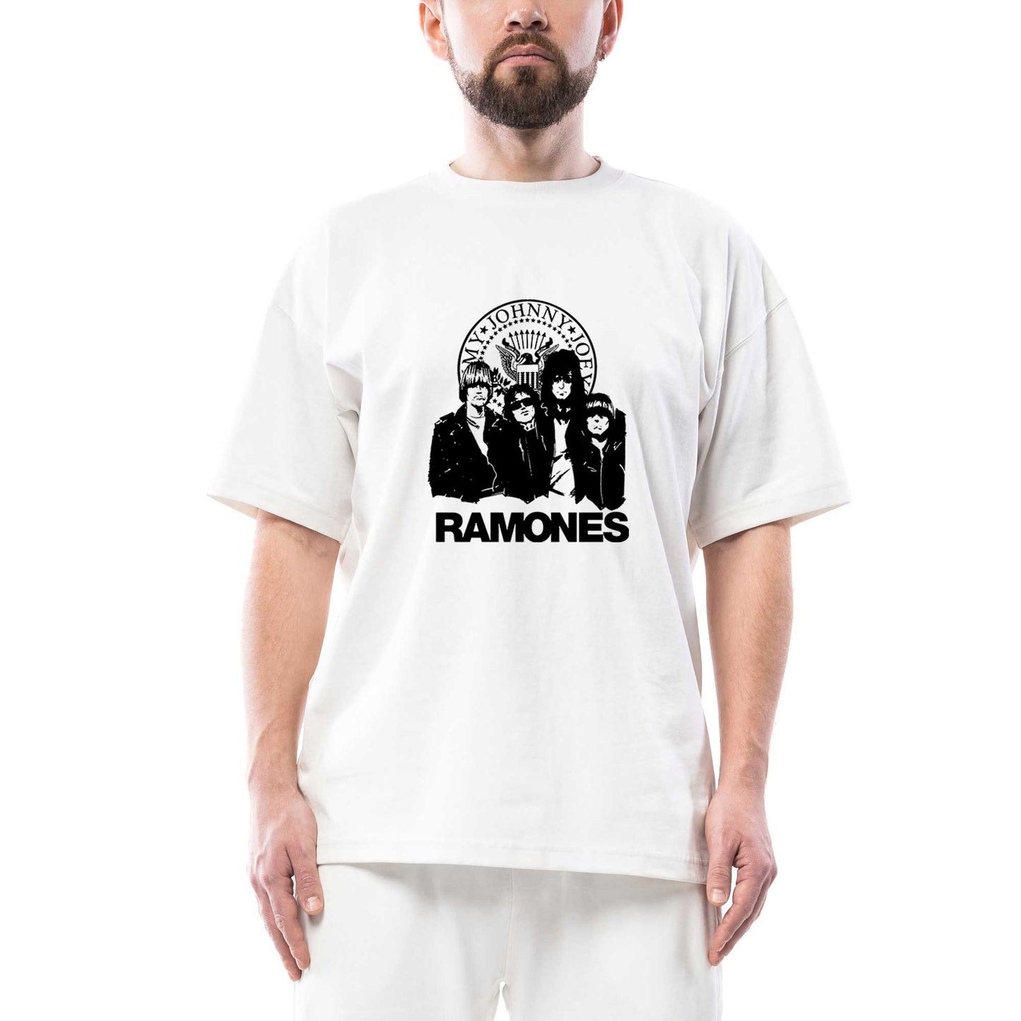 Ramones Logo and Group Oversize Beyaz Tişört