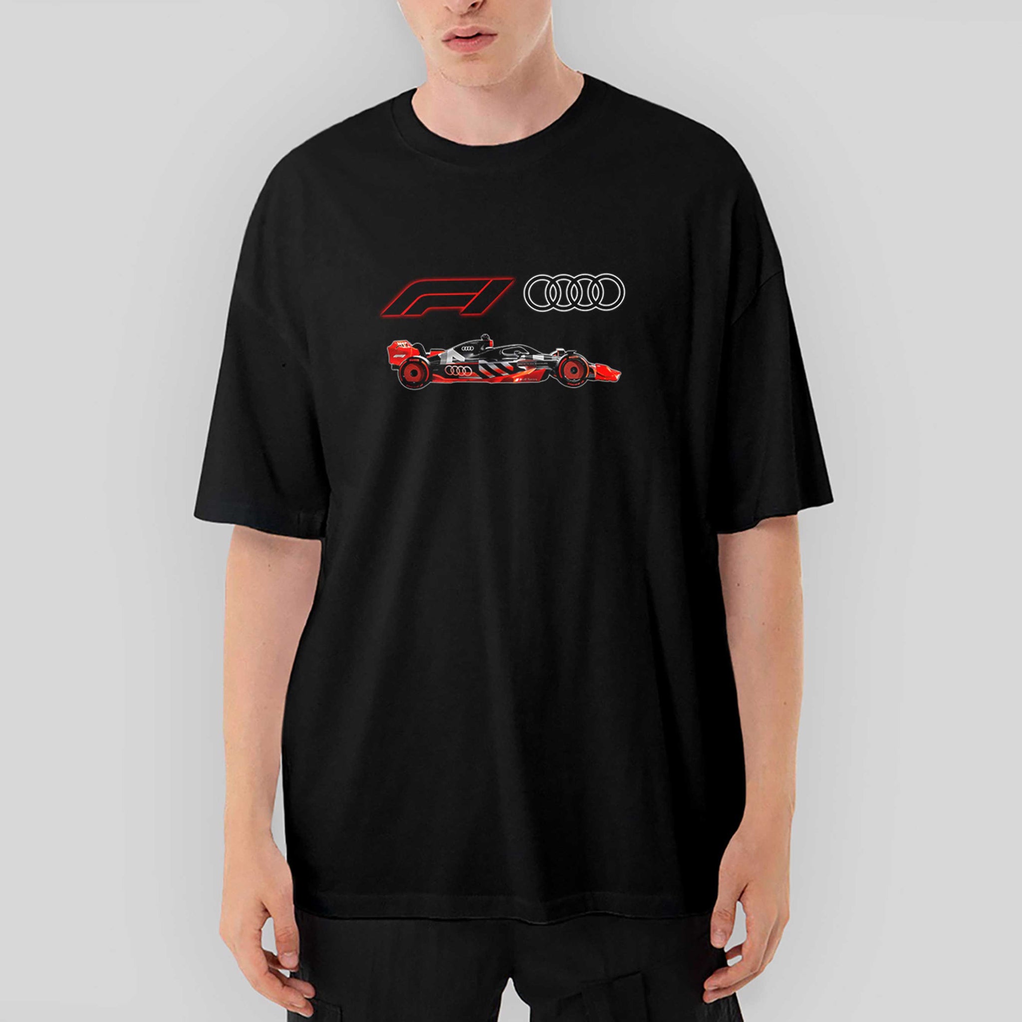 F1 Audi Logo Car Oversize Siyah Tişört