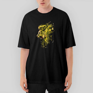 Gold Lion Splash Oversize Siyah Tişört