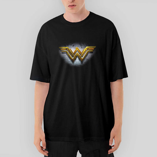 Wonder Woman Gold Logo Oversize Siyah Tişört