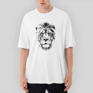 Lion Face Oversize Beyaz Tişört