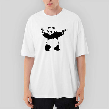 Panda Guns Oversize Beyaz Tişört