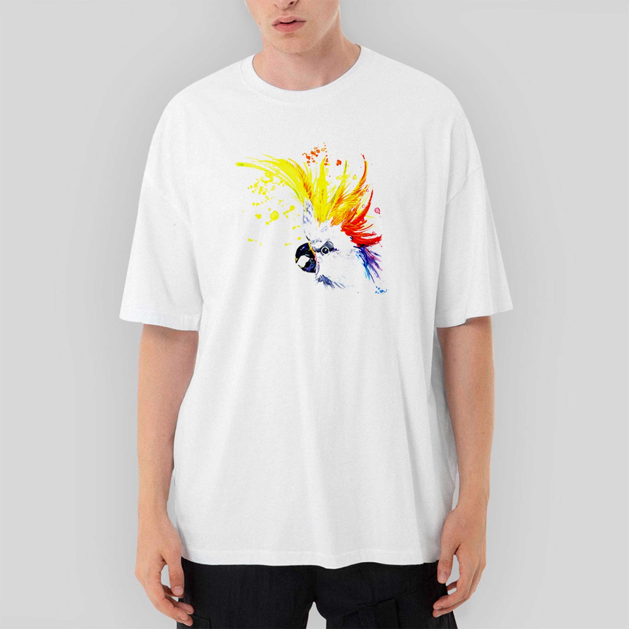 Papağan Sulu Boya Oversize Beyaz Tişört