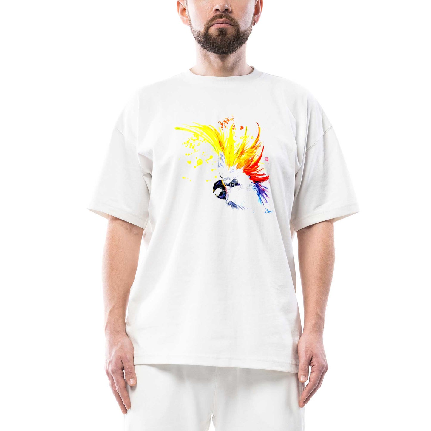 Papağan Sulu Boya Oversize Beyaz Tişört