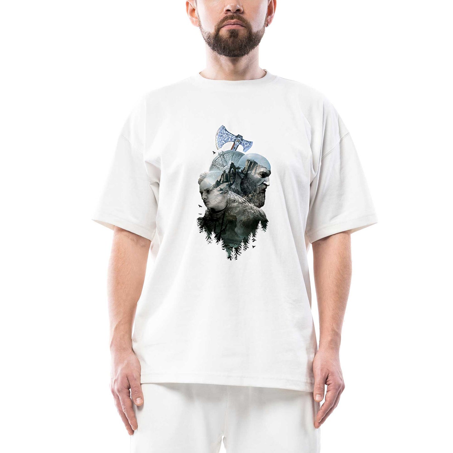 God Of War Ragnarok Atreus Kratos Siluet Oversize Beyaz Tişört