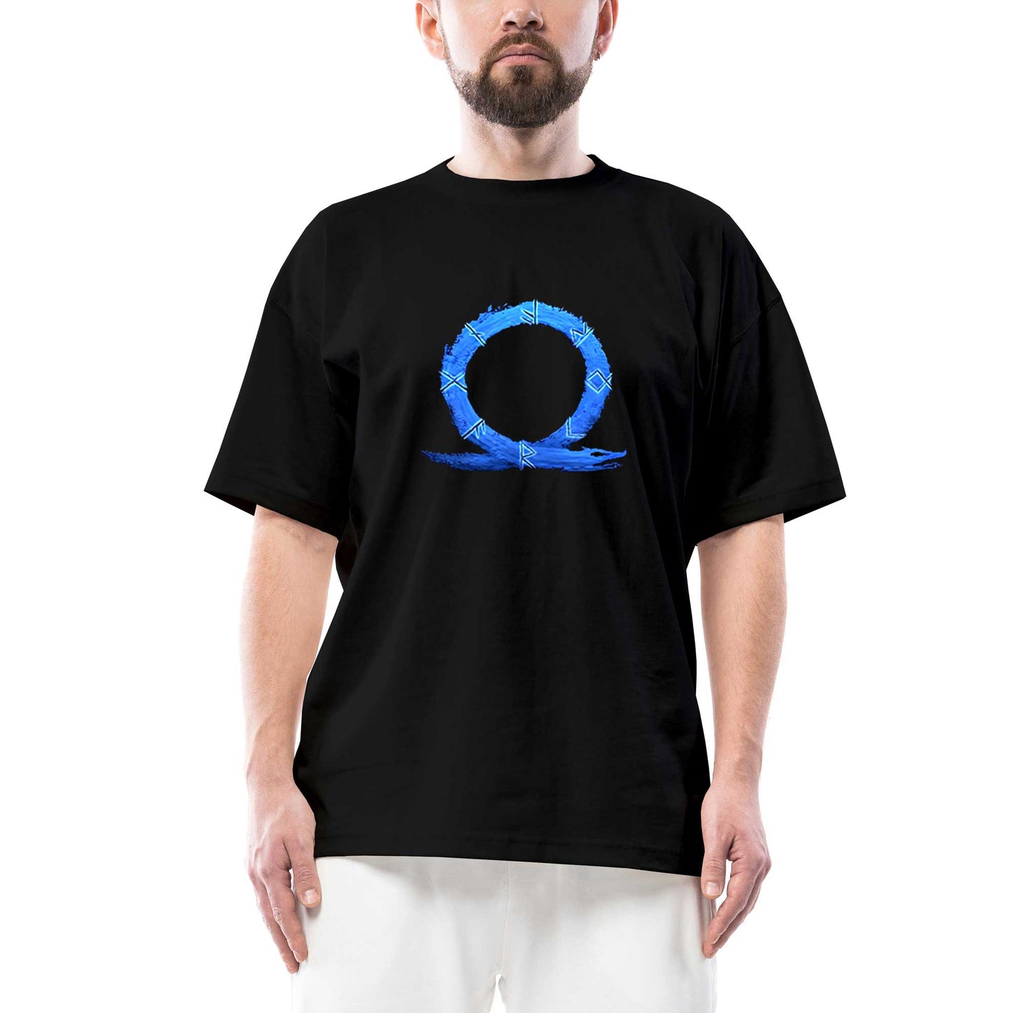 God of War Ragnarok Blue Logo Oversize Siyah Tişört
