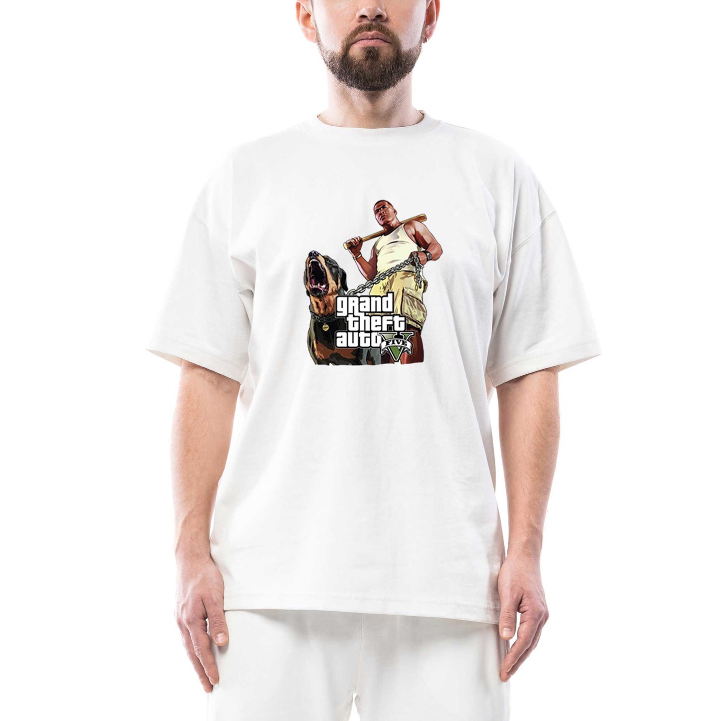 Grand Theft Auto Five Dog And Man Oversize Beyaz Tişört