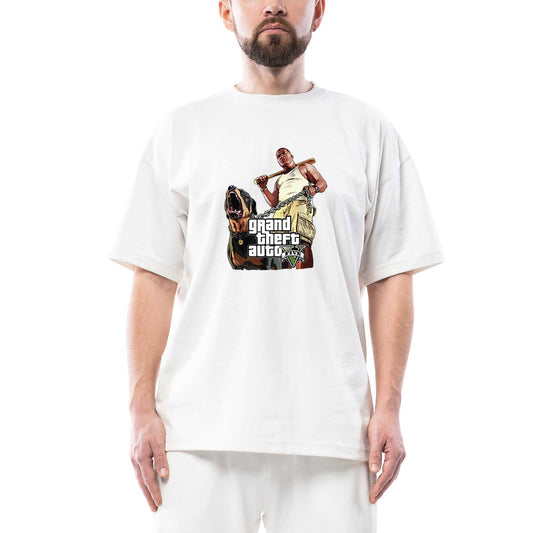 Grand Theft Auto Five Dog And Man Oversize Beyaz Tişört