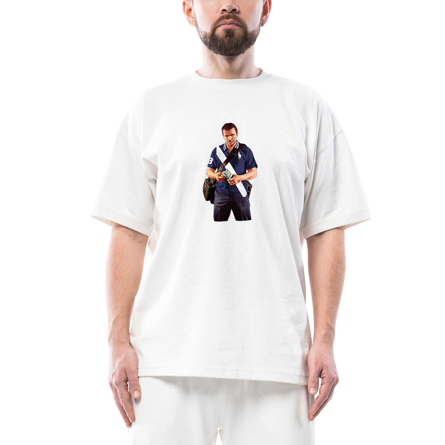 GTA Blue Thief Man Oversize Beyaz Tişört