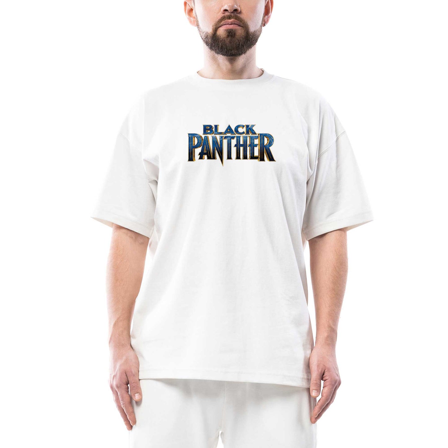 Black Panter Blue Text Oversize Beyaz Tişört