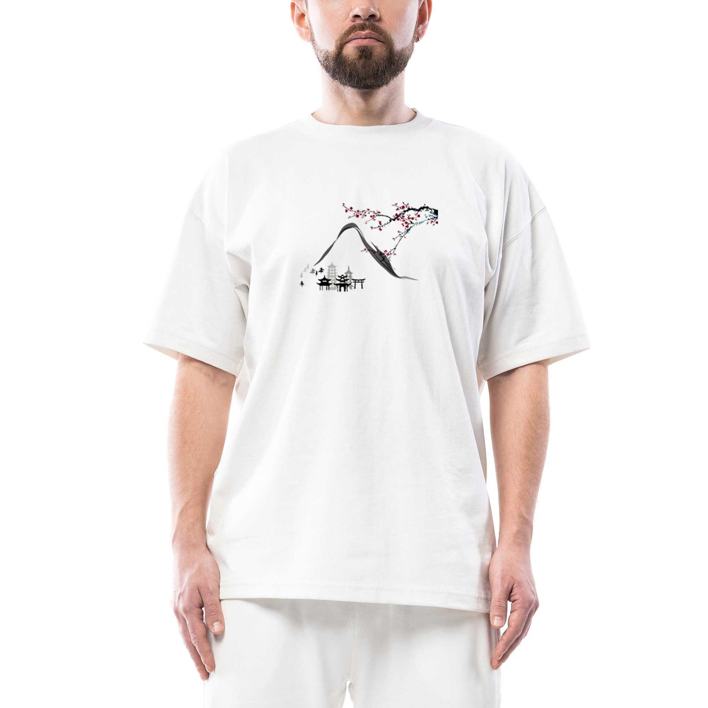 Black Chinese Houses Scenery Oversize Beyaz Tişört