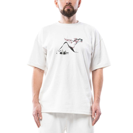 Black Chinese Houses Scenery Oversize Beyaz Tişört