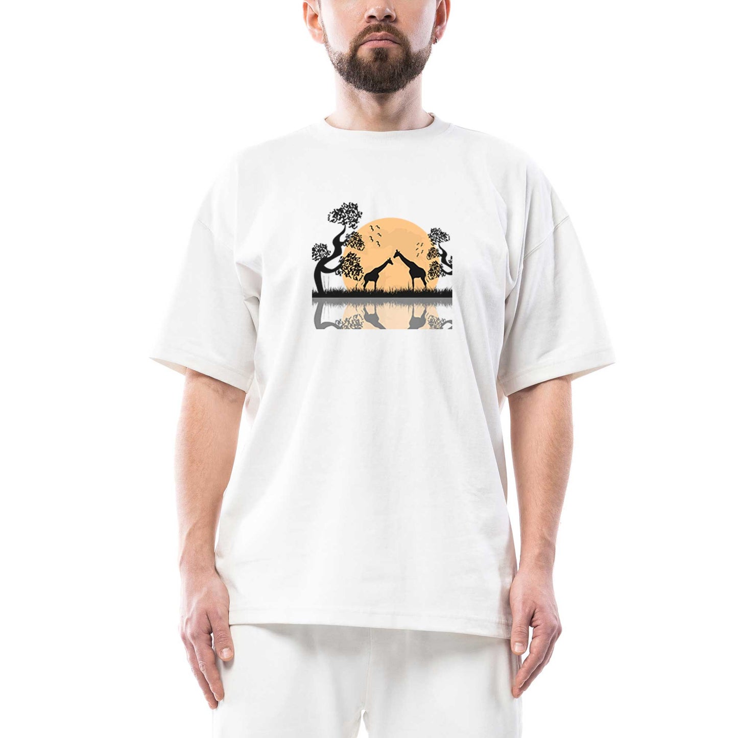 Black Giraffes Reflections Oversize Beyaz Tişört