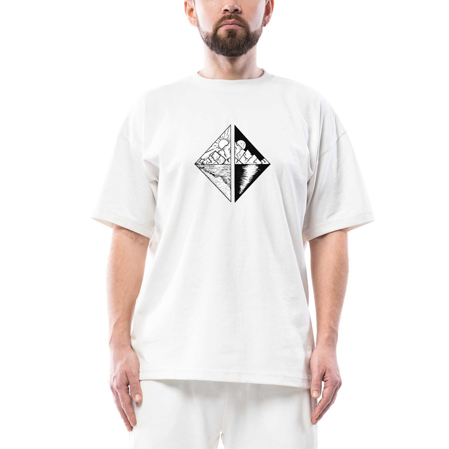 Triangle Mountains Scenery Oversize Beyaz Tişört