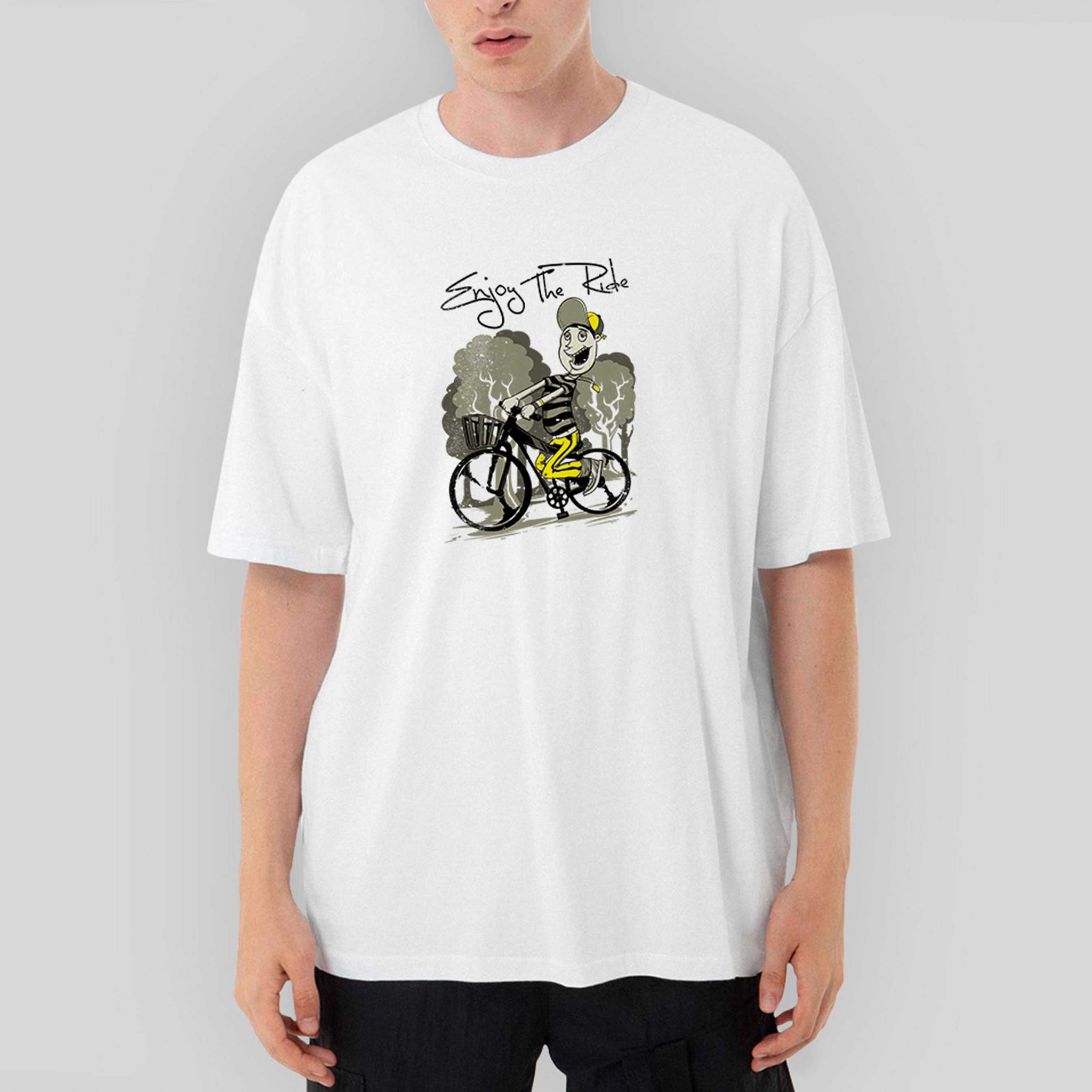 Rider Bike Cartoon Oversize Beyaz Tişört