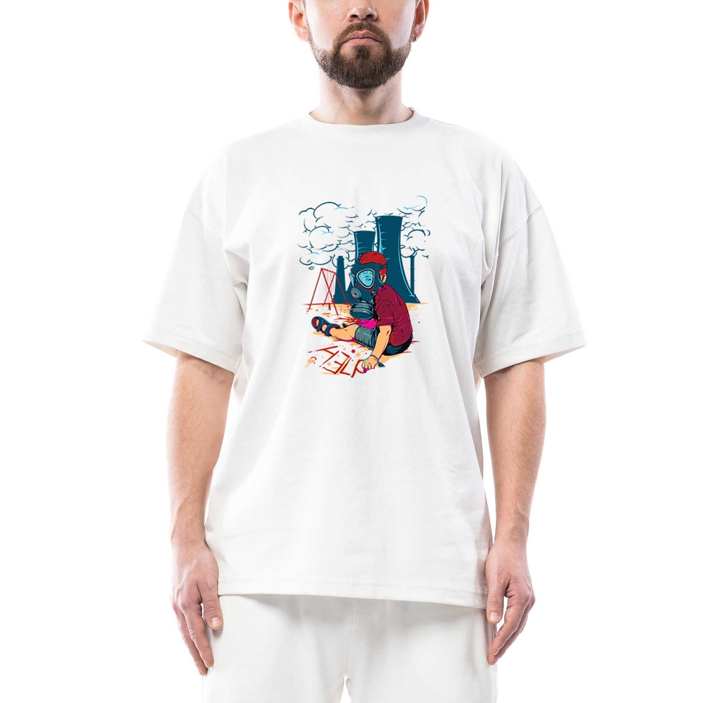 Gas Mask Boy Cartoon Oversize Beyaz Tişört