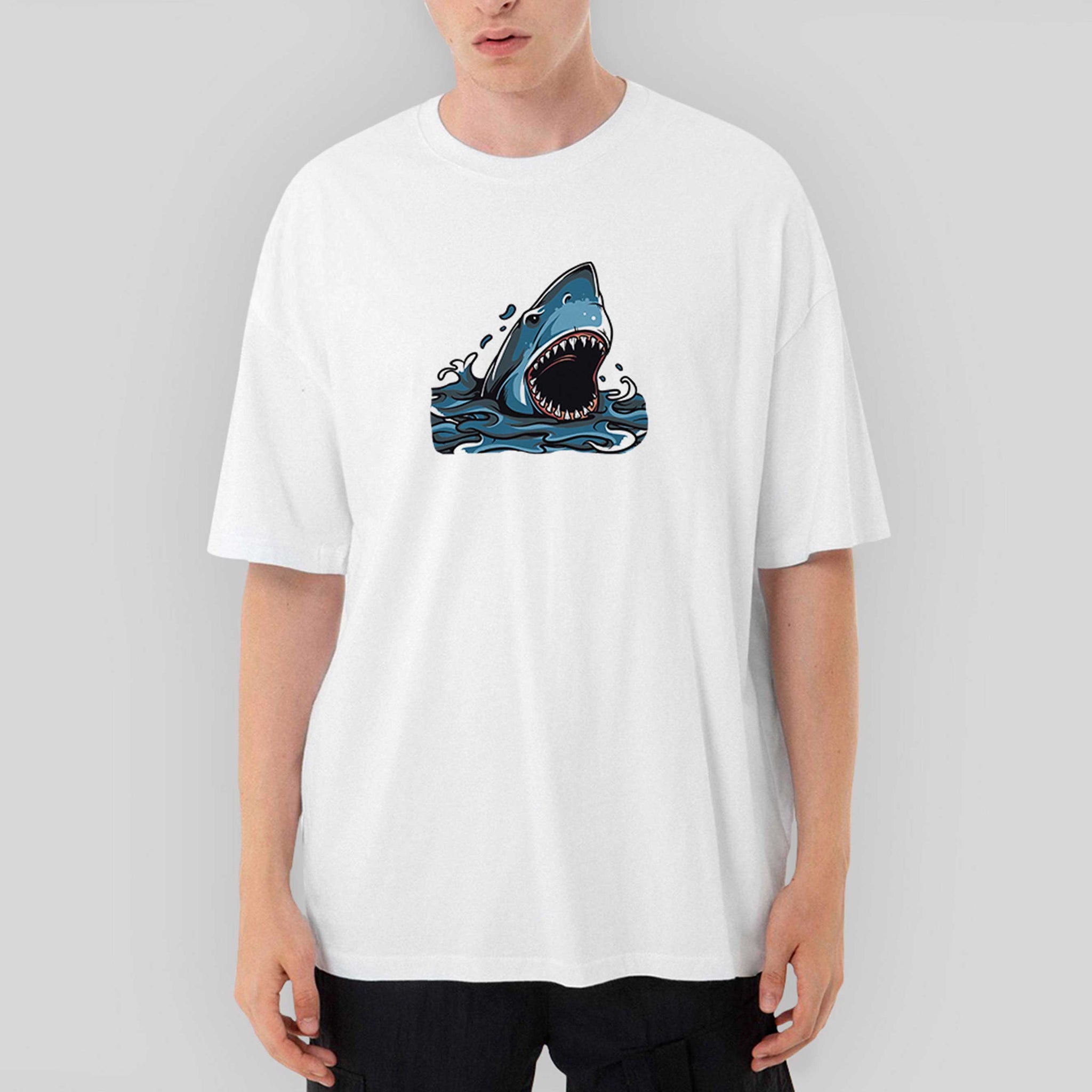 Shark Cartoon Oversize Beyaz Tişört