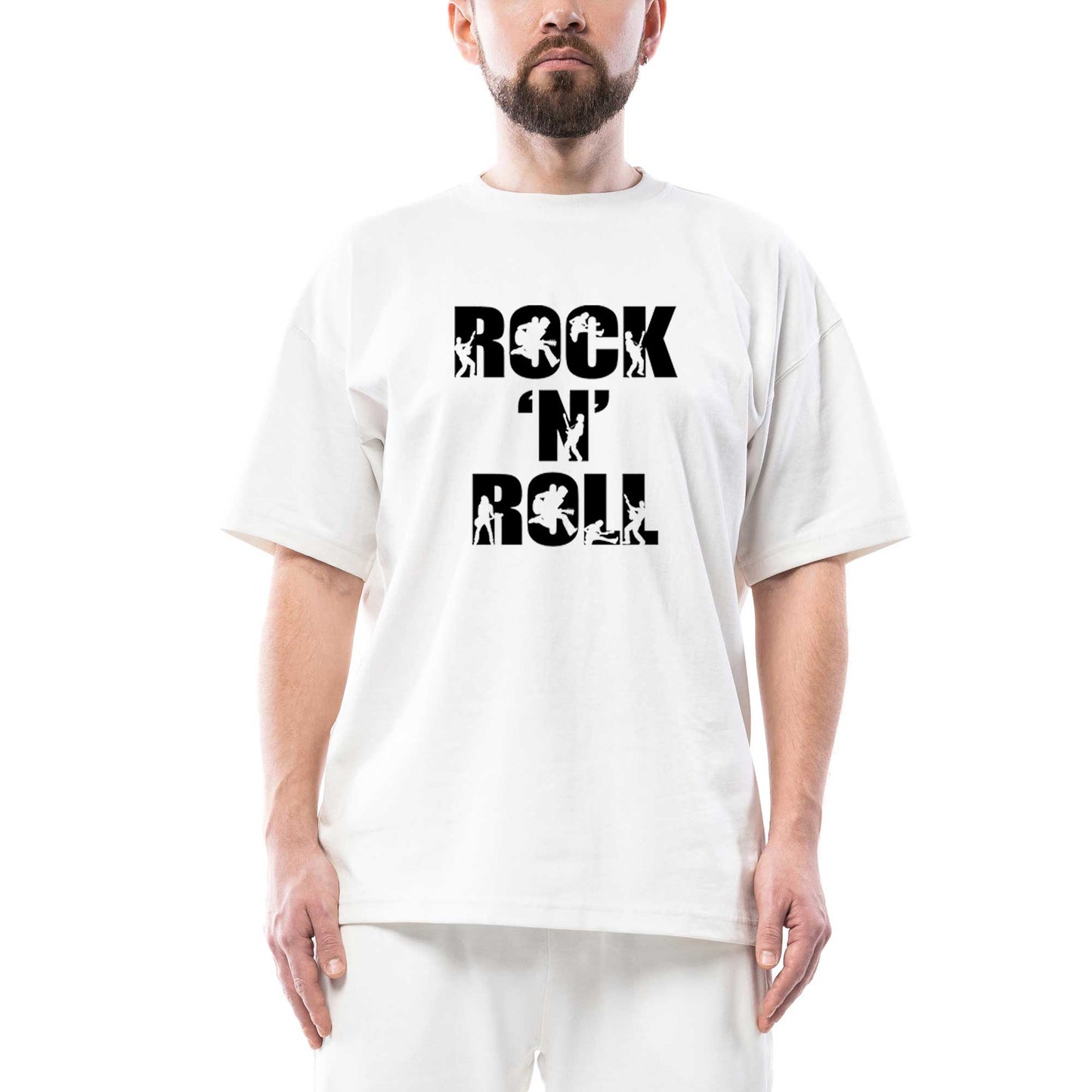 Black Rock 'N' Roll Text Oversize Beyaz Tişört