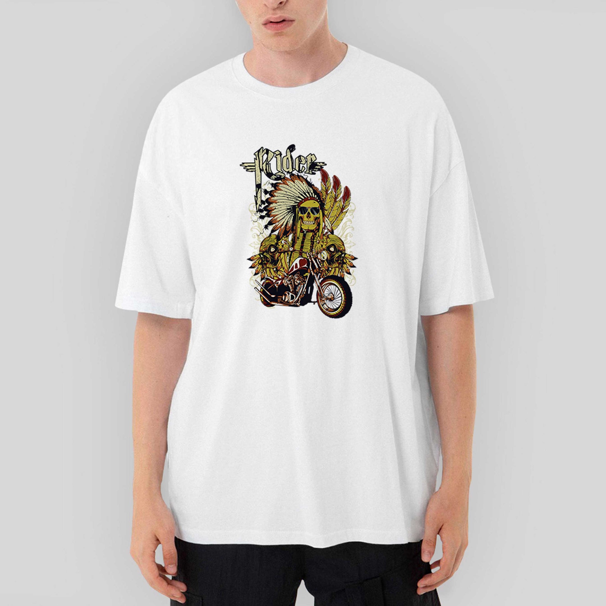 Motorcycle Skull Rider Oversize Beyaz Tişört