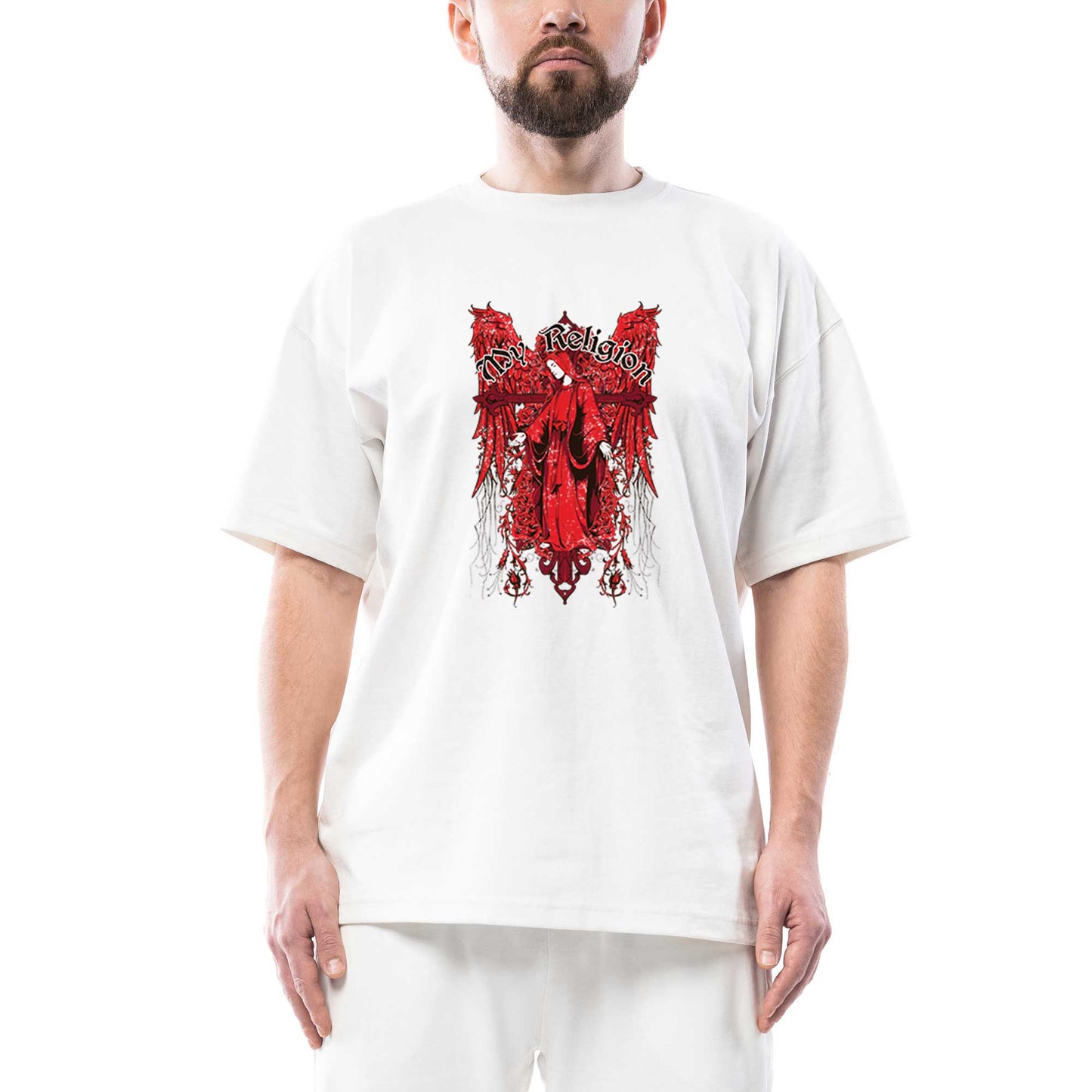 Red Wings My Religion Text Oversize Beyaz Tişört
