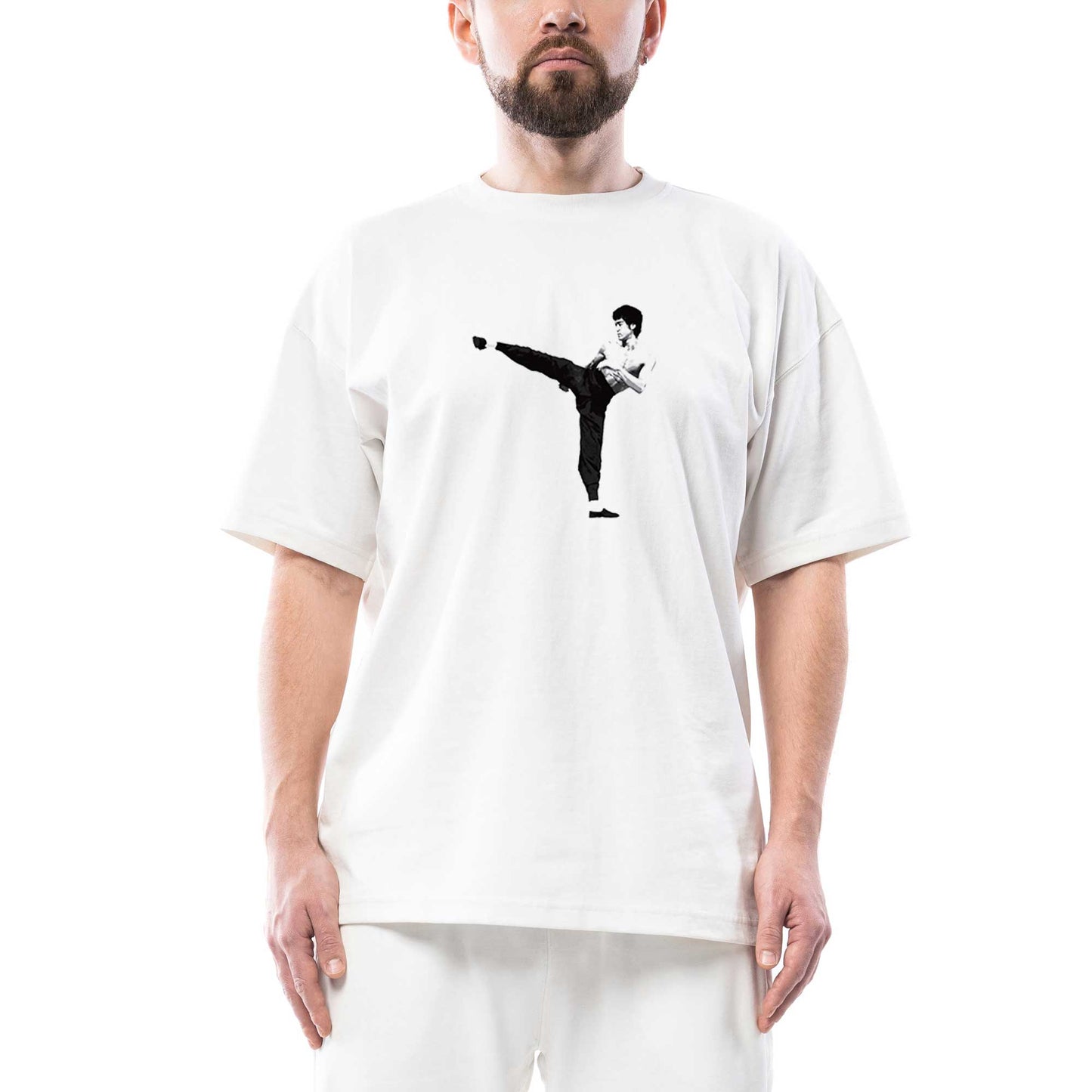 Bruce Lee Kick Deffense Oversize Beyaz Tişört