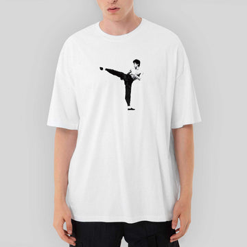 Bruce Lee Kick Deffense Oversize Beyaz Tişört