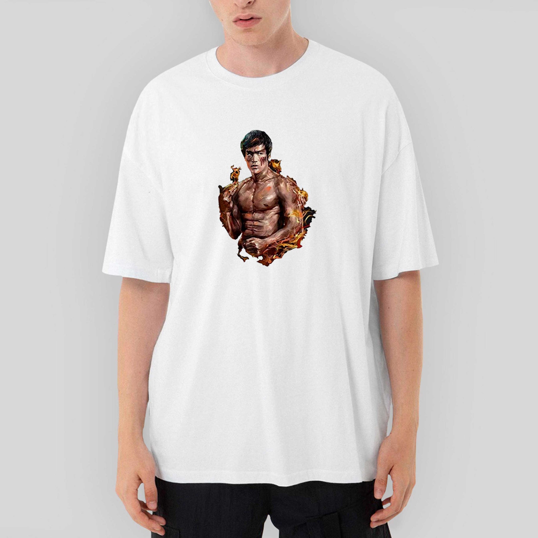 Bruce Lee Kick Dragon Oversize Beyaz Tişört