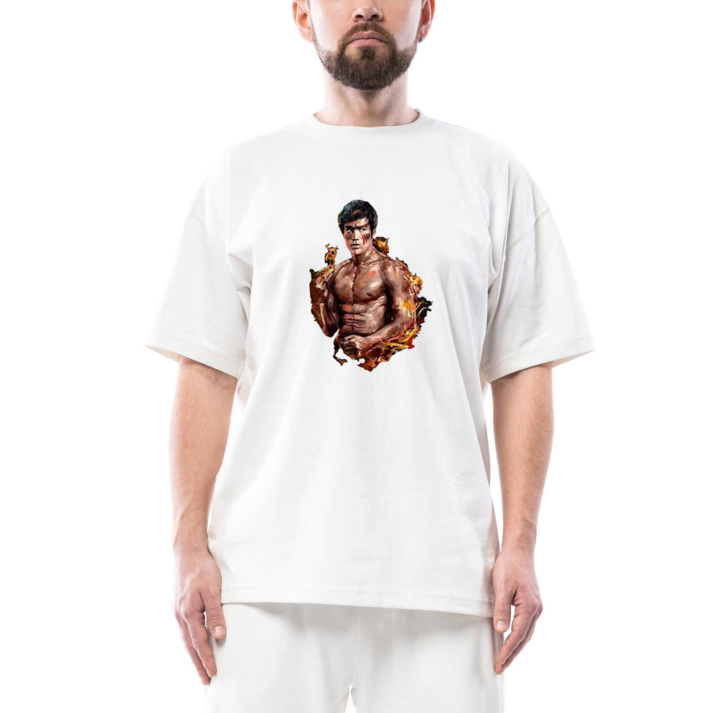 Bruce Lee Kick Dragon Oversize Beyaz Tişört