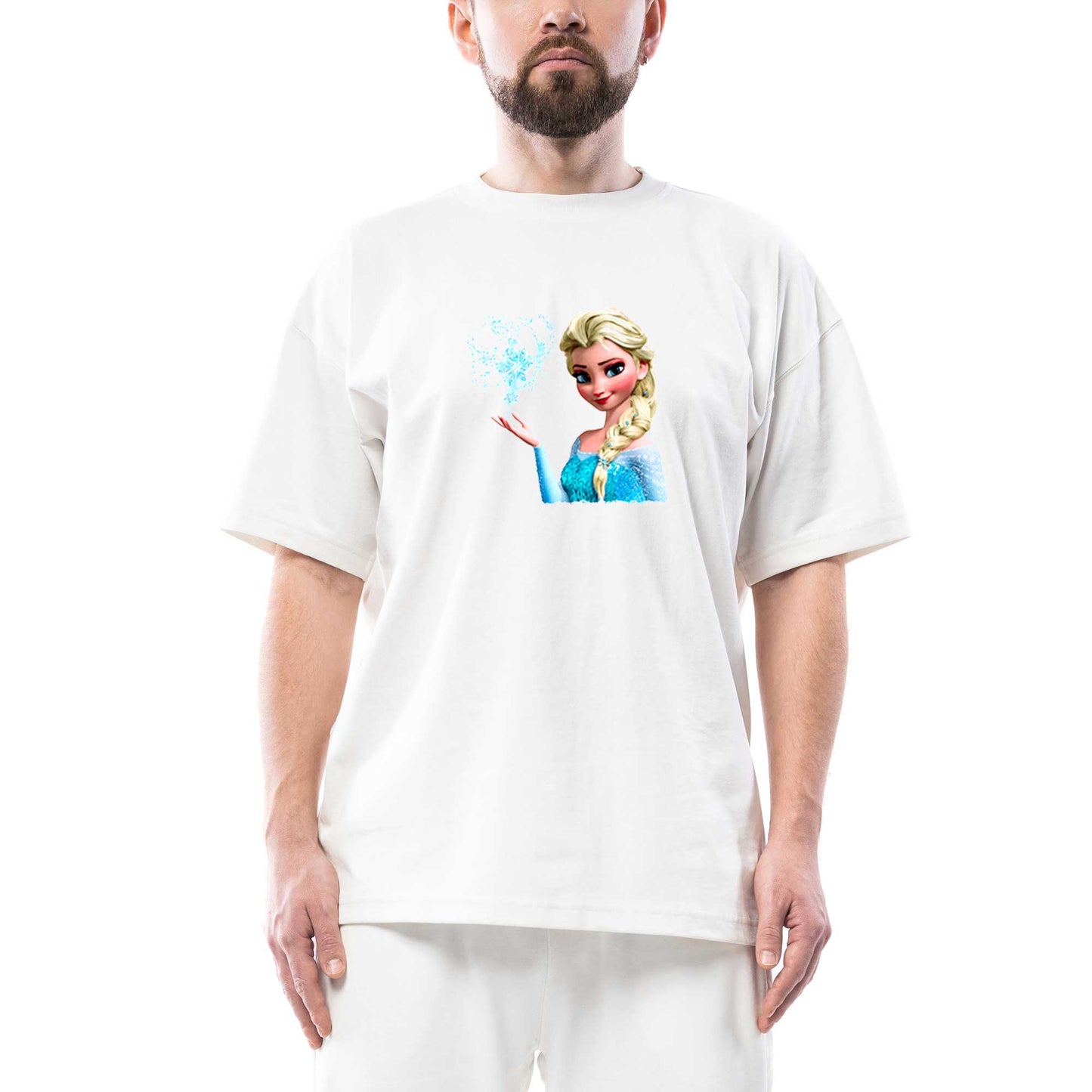 Karlar Ülkesi Elsa Face Oversize Beyaz Tişört