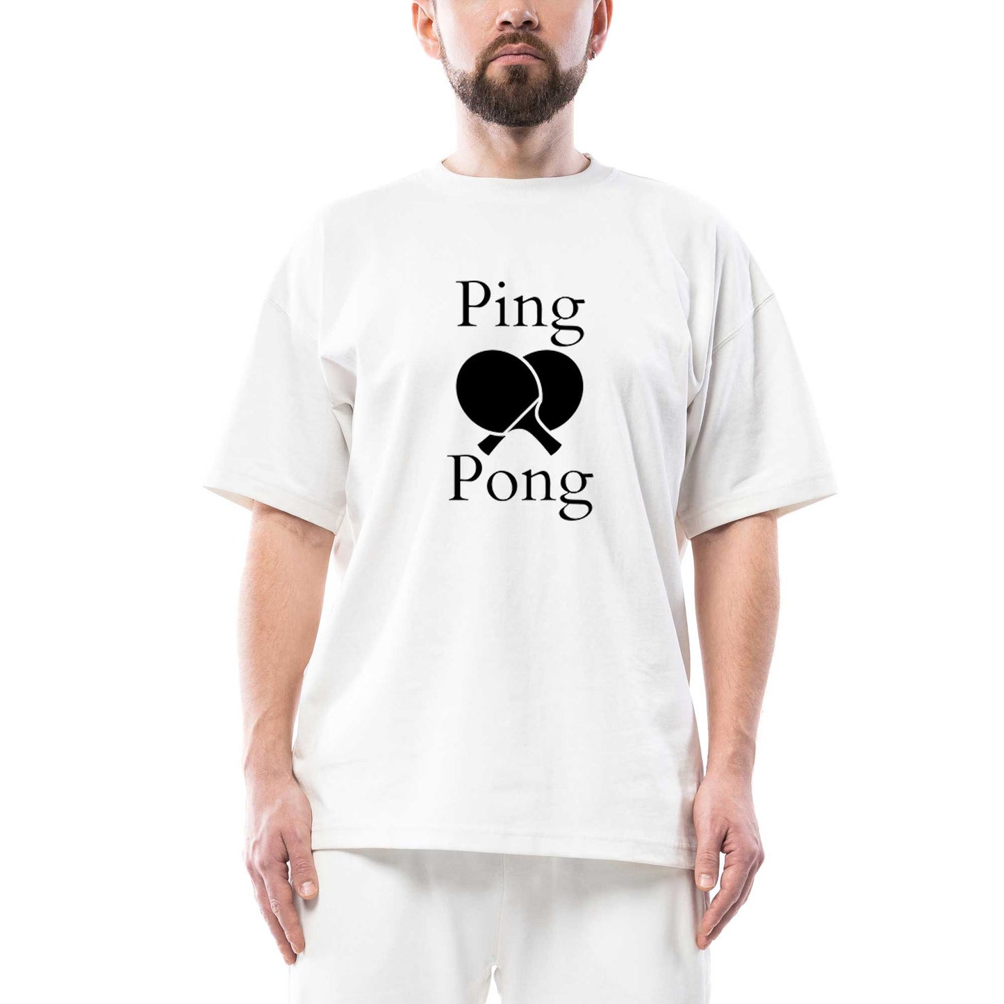 Ping Pong Racket Design Black Oversize Beyaz Tişört