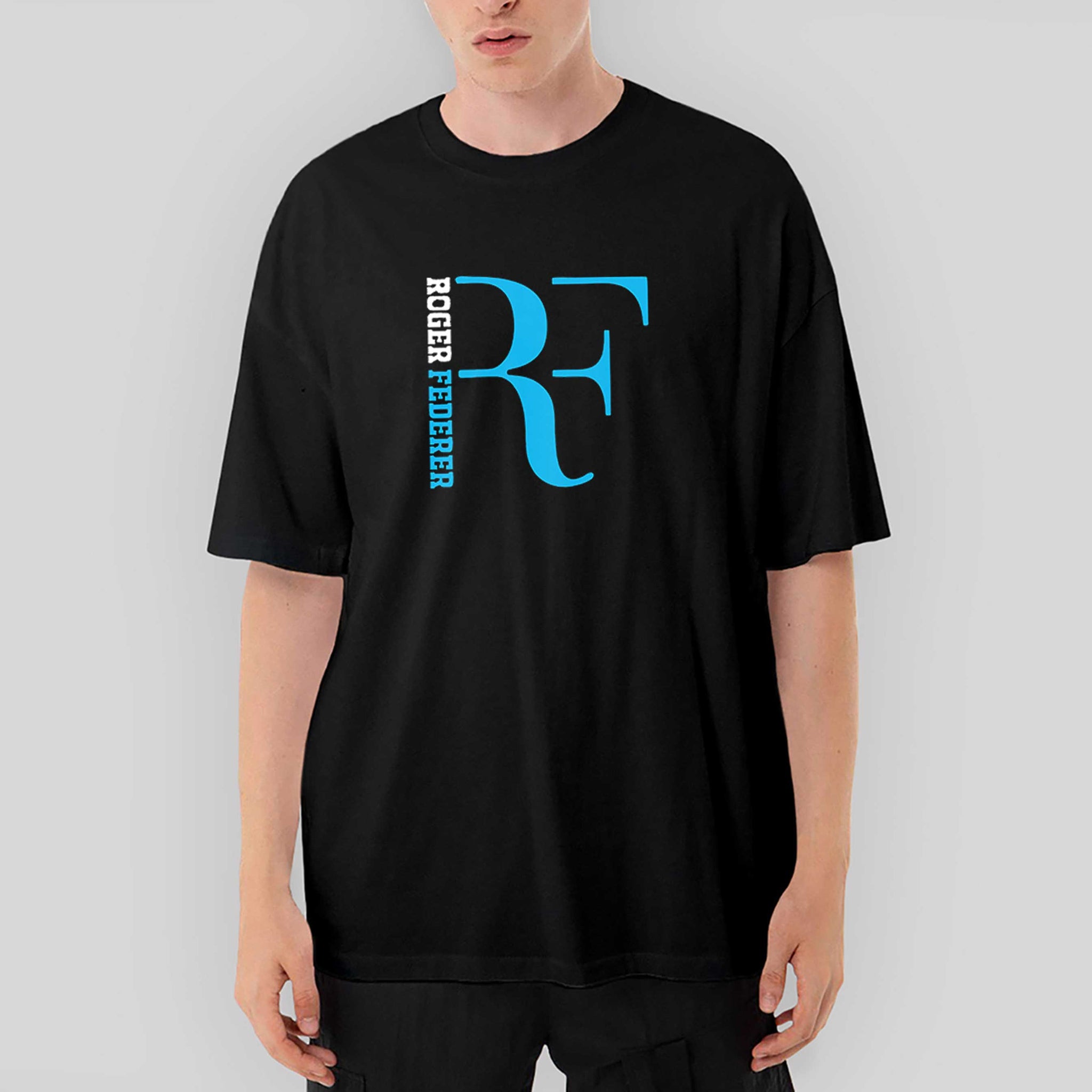 Roger Federer Blue Logo Oversize Siyah Tişört