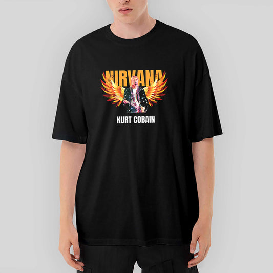 Nirvana Kurt Cobain Guitar Angel Oversize Siyah Tişört