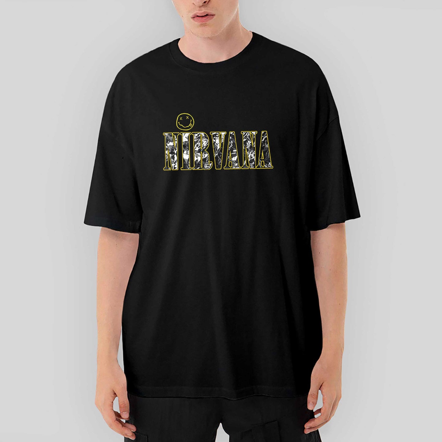 Nirvana Logo ve Yazı Oversize Siyah Tişört