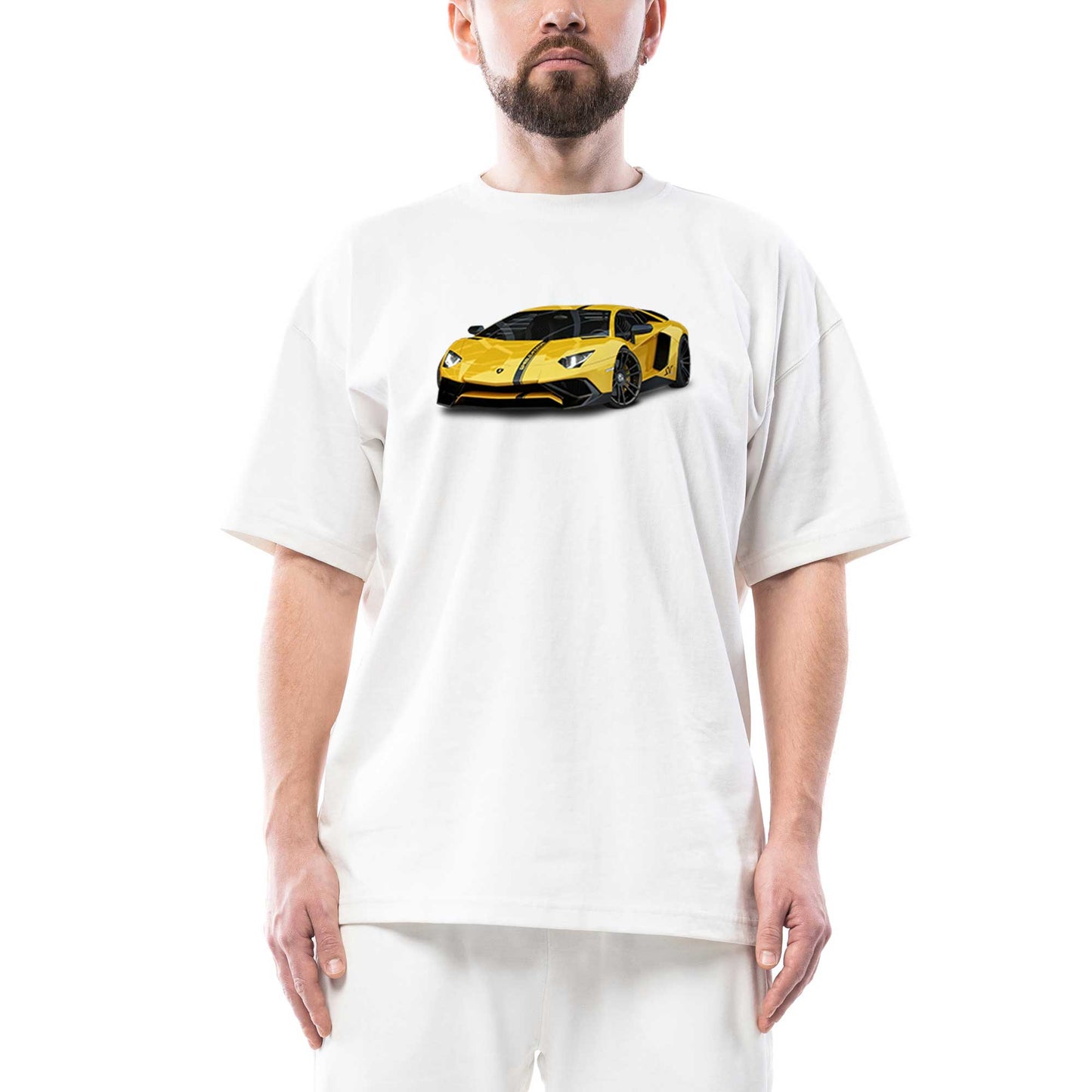 Lamborghini Aventador Yellow Oversize Beyaz Tişört