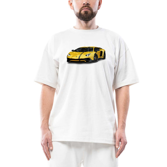 Lamborghini Aventador Yellow Oversize Beyaz Tişört
