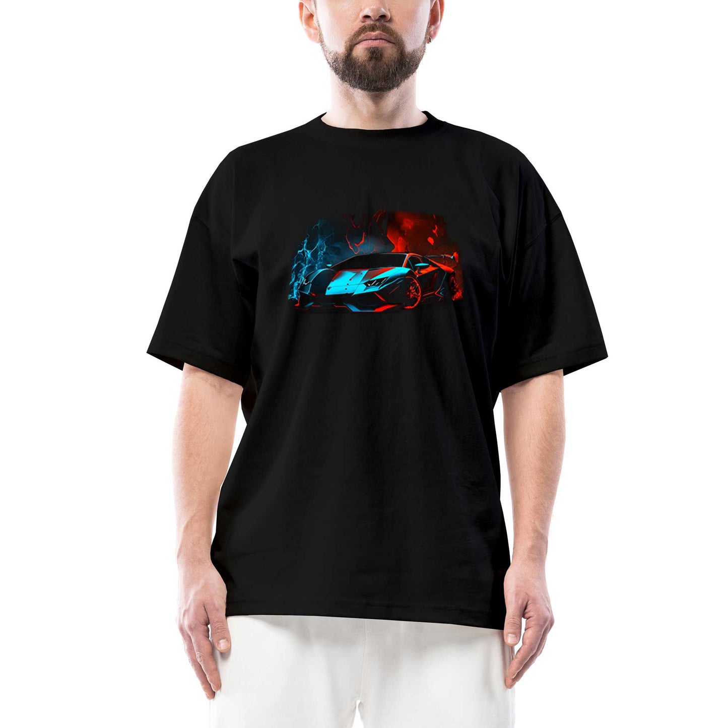 Lamborghini Blue Red Neon Oversize Siyah Tişört