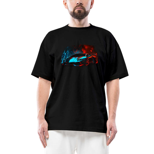 Lamborghini Blue Red Neon siyah oversize tişört